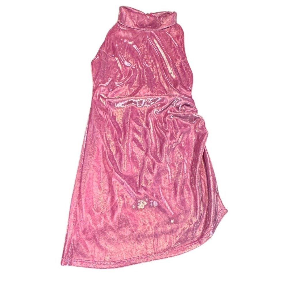 Lulus Women's Metallic Pink Halter Mini Dress Small Ruched Bodycon Tulip Hem